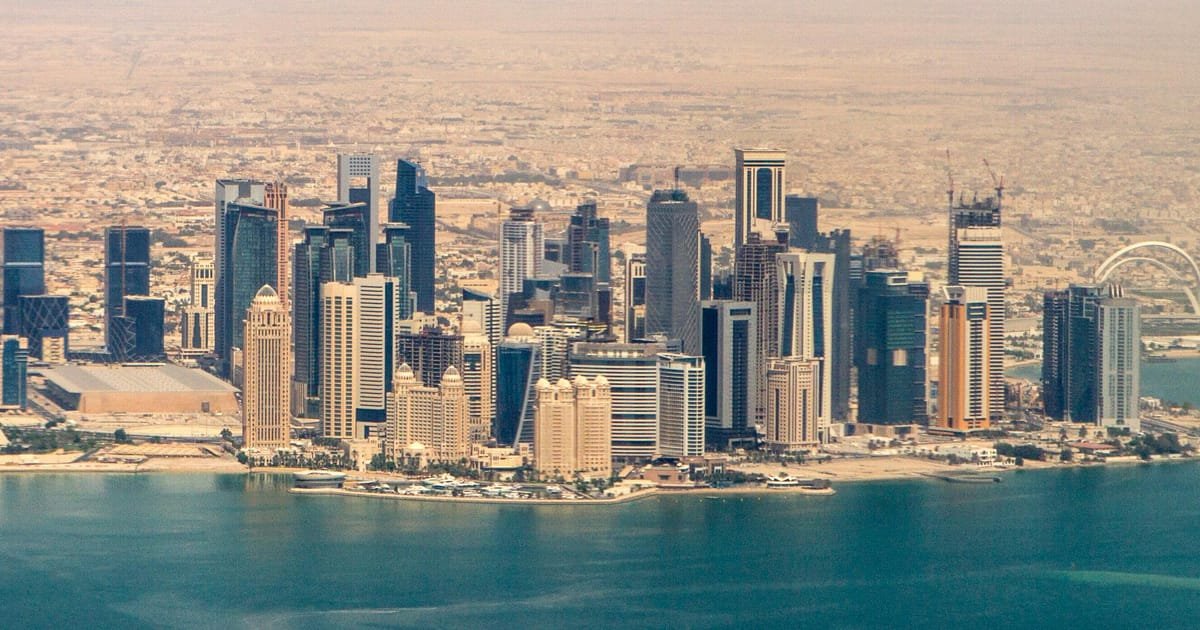 Doha waterfront and skyline viewed from the east across the bay