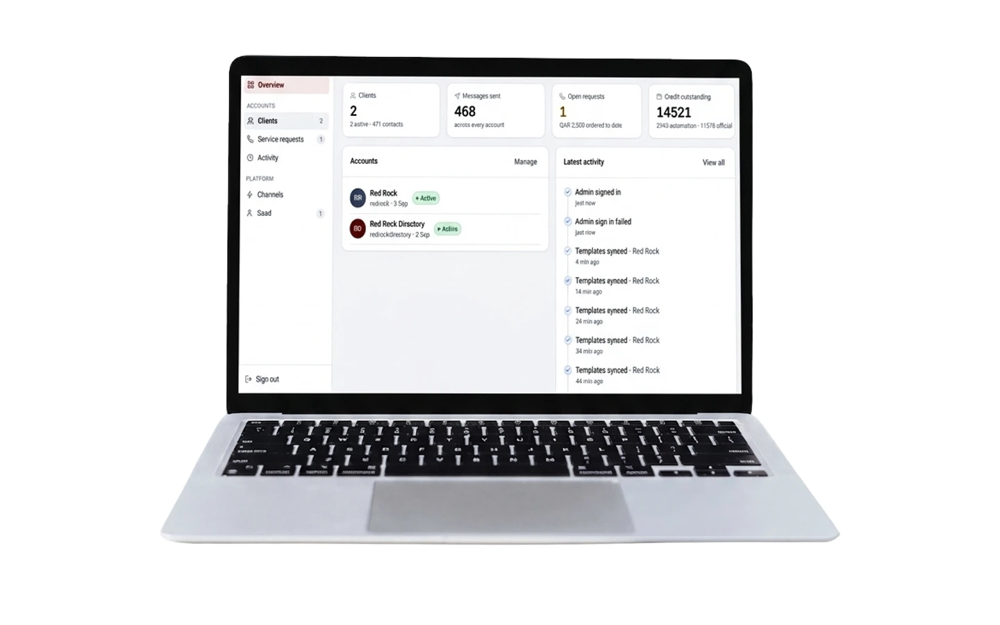 The Red Rock WhatsApp CRM open on a laptop, showing the day's messages, replies and follow-ups