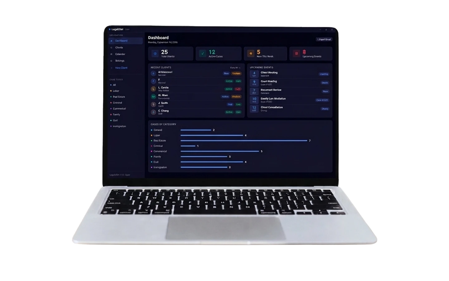 The Red Rock Legal Organizer open on a laptop, showing clients, active cases and upcoming dates